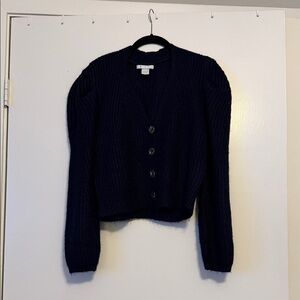 Design History Navy Rib-Knit Puff Sleeve Cardigan Size Small